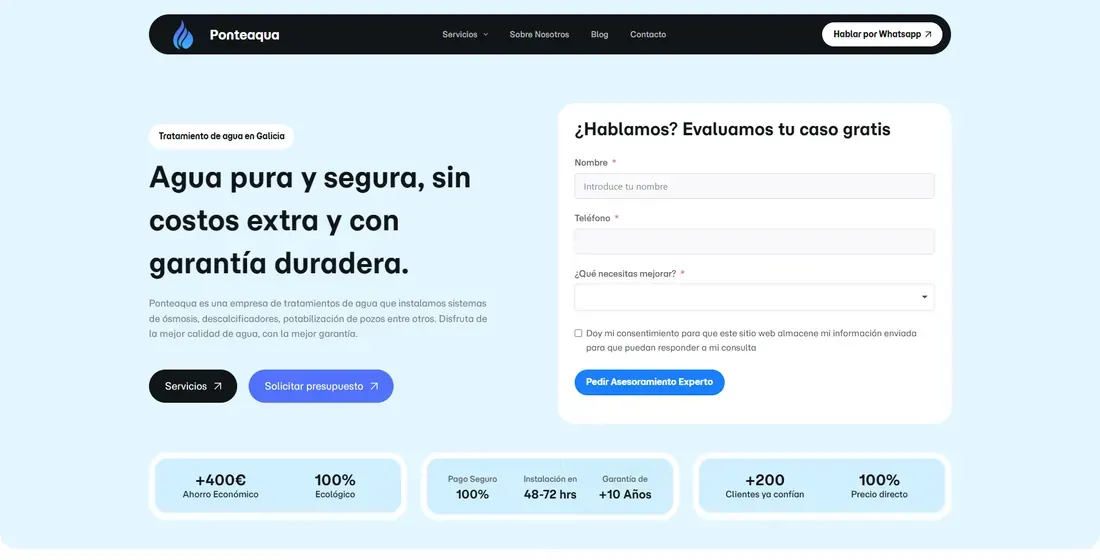 Primera pantalla de la web de PonteAqua: menú, titular, formulario y datos de confianza