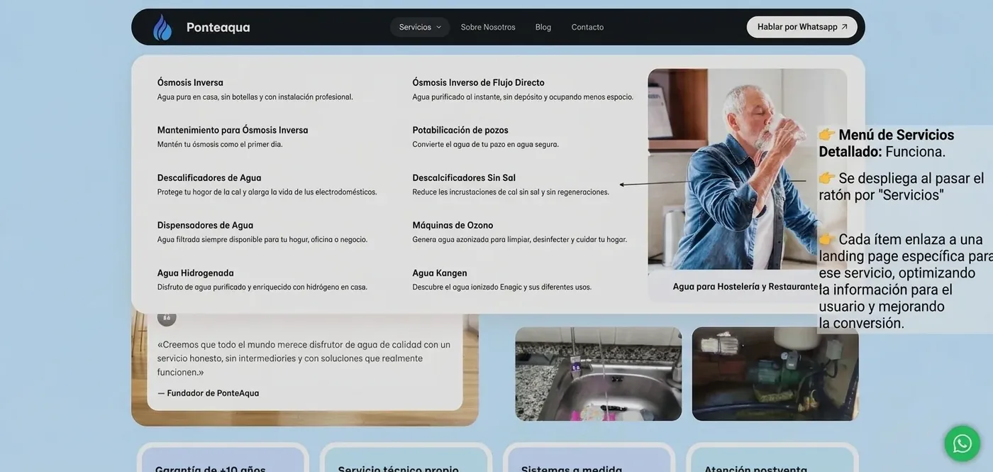 Caso PonteAqua: menú de servicios de su web