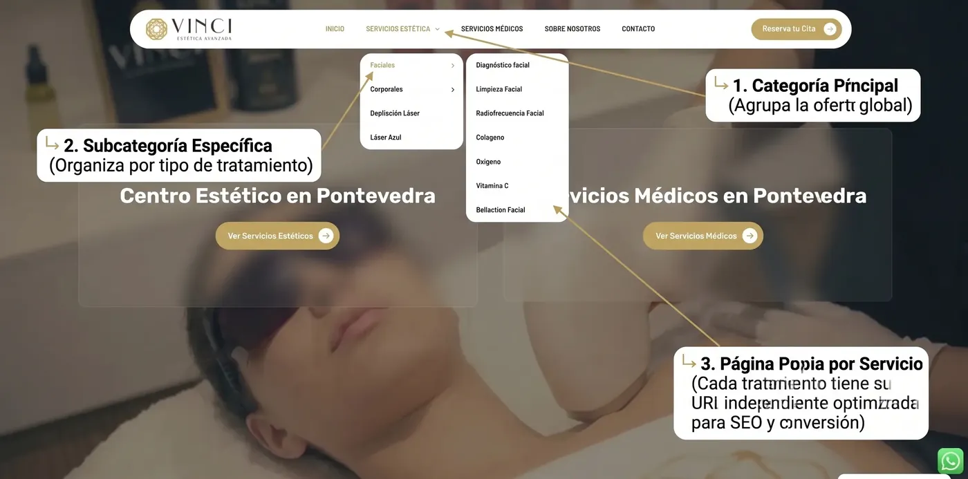 Menú de Vinci con categorías, subcategorías y una página por tratamiento