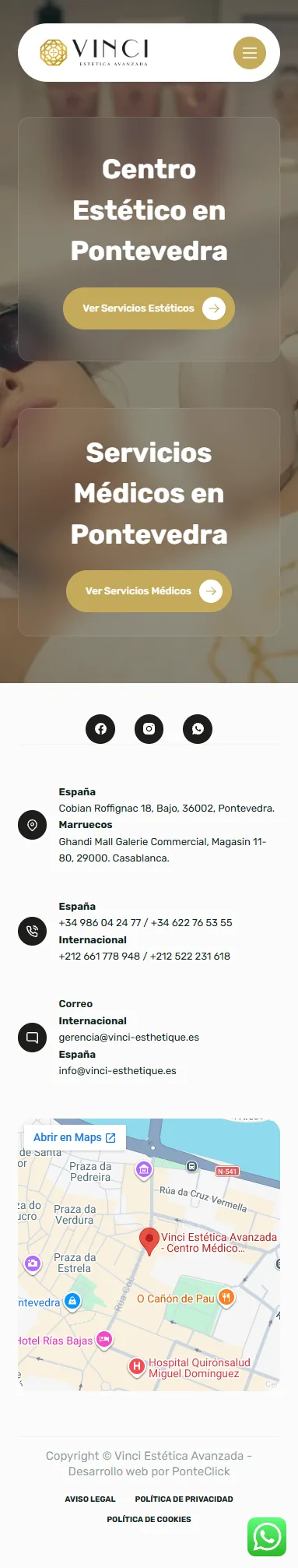 Web de Vinci Estética Avanzada vista en un móvil: accesos a servicios estéticos y médicos, contacto y mapa